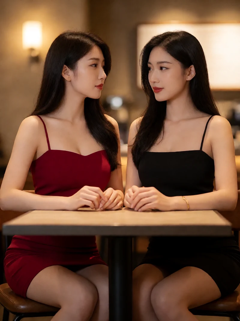 两名虚构成年亚洲女性穿不透明红黑短裙在夜间咖啡馆相对而坐