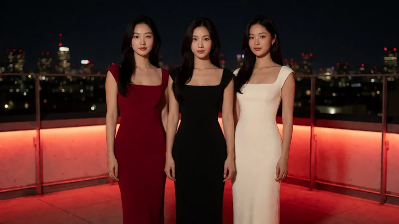 红杏影视主题视觉：三名虚构成年亚洲女性身穿不透明晚装站在夜间城市布景中央