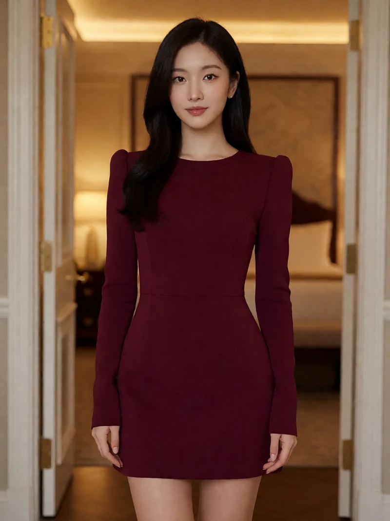 虚构成年亚洲女性穿不透明酒红色短裙站在酒店房间门口中央