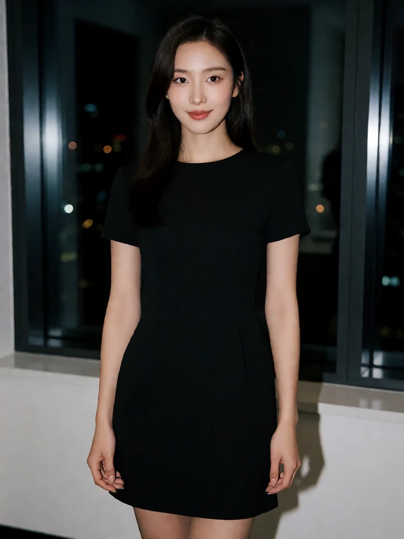 虚构成年亚洲女性穿不透明黑色短裙站在夜间办公室中央