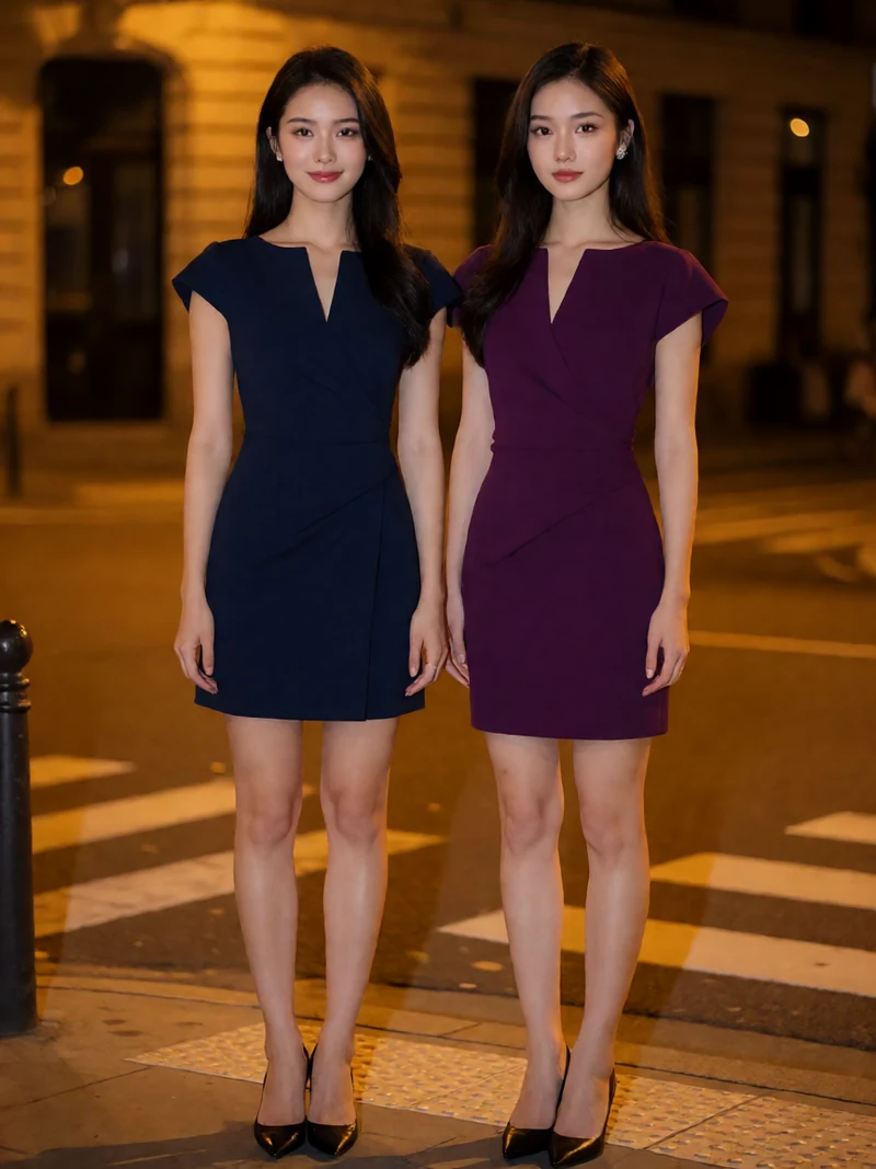 两名虚构成年亚洲女性穿不透明蓝紫短裙在夜间街角并肩站立